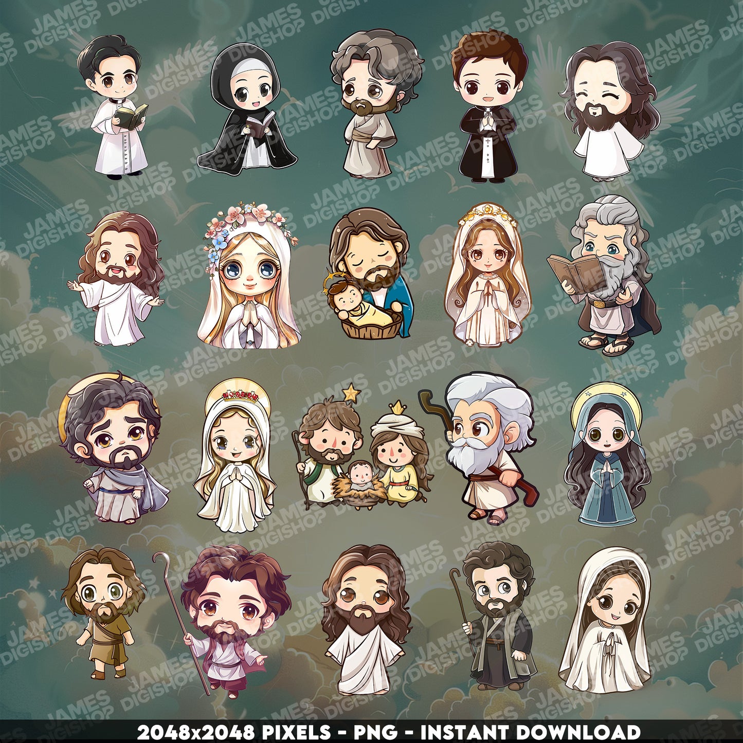 20 Religious Christian Chibi Clipart Bundle