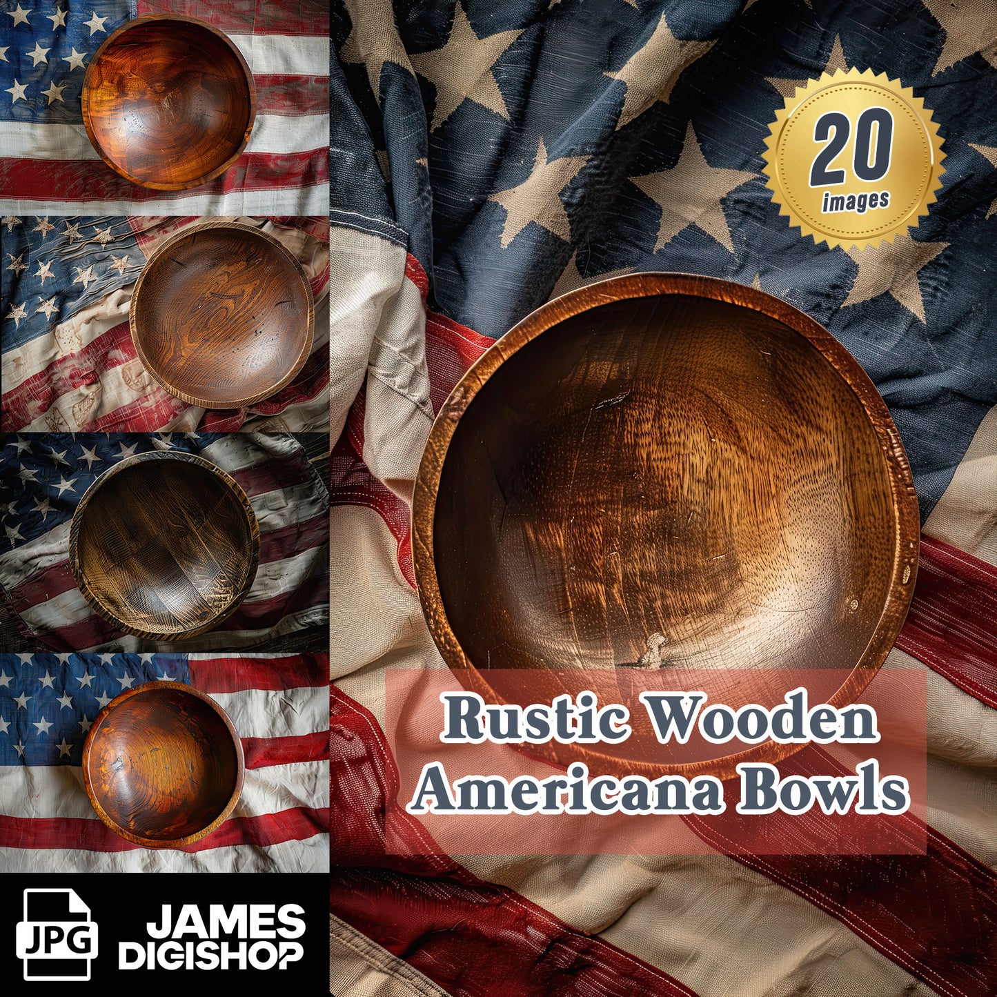 20 Rustic Wooden Americana Bowls Background Bundle